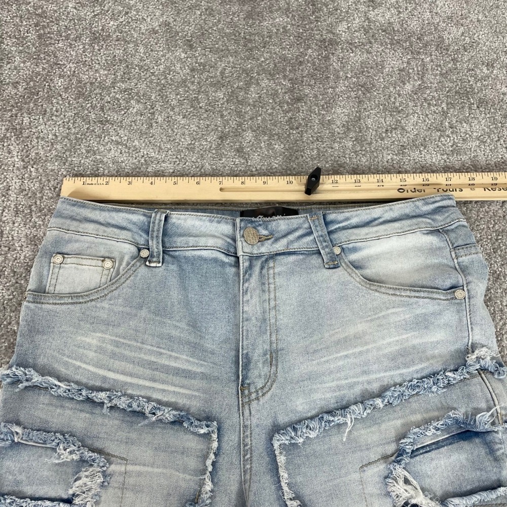 Guapi Jeans Mens 34 Distressed Patchwork Flare Light Wash Denim Frayed Street - Picture 10 of 14